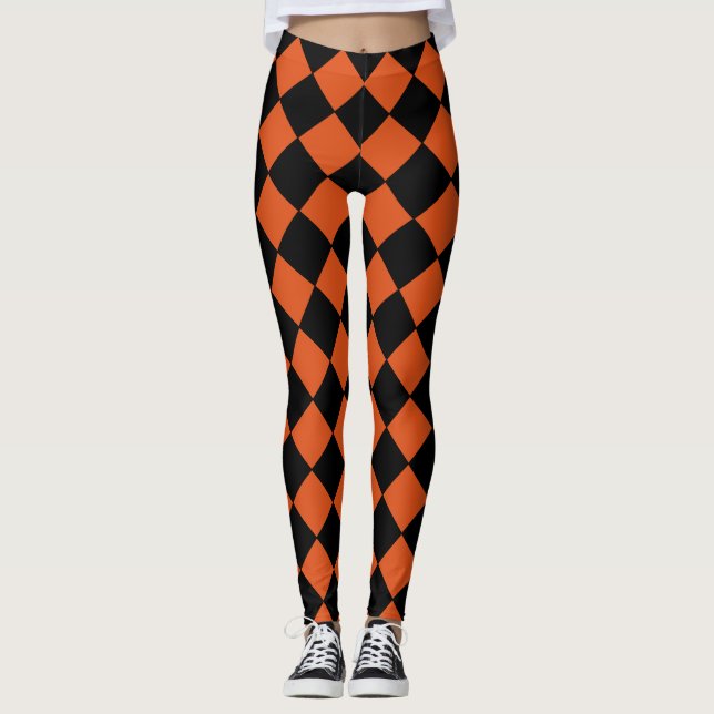 Orangefarbenes und schwarzes Harlequin Prüfmuster Leggings (Vorderseite)