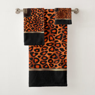 Orangefarbenes und schwarzes Leopardenmuster mit M Badhandtuch Set