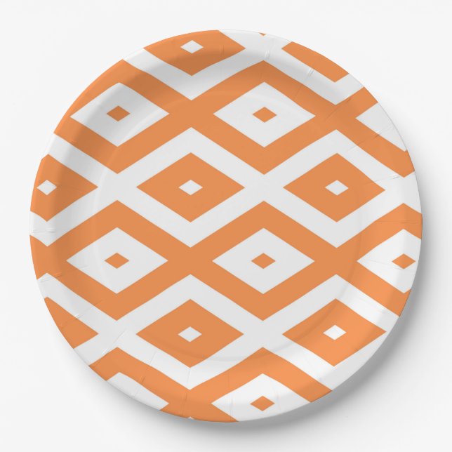 Orangefarbenes und weißes Diamantmuster Pappteller (Vorderseite)
