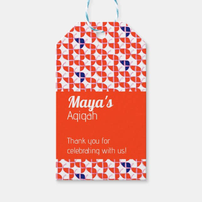 Orangefarbenes weißes Muster, Aqiqah Babydusche Geschenkanhänger (Vorderseite)
