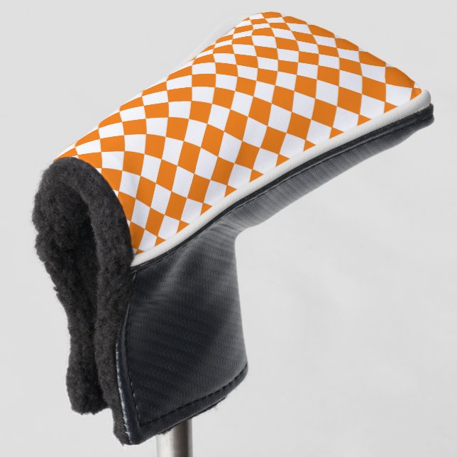 Orangefarbenes weißes Schachbrett Diamantmuster Golf Headcover (3/4 Vorderseite)