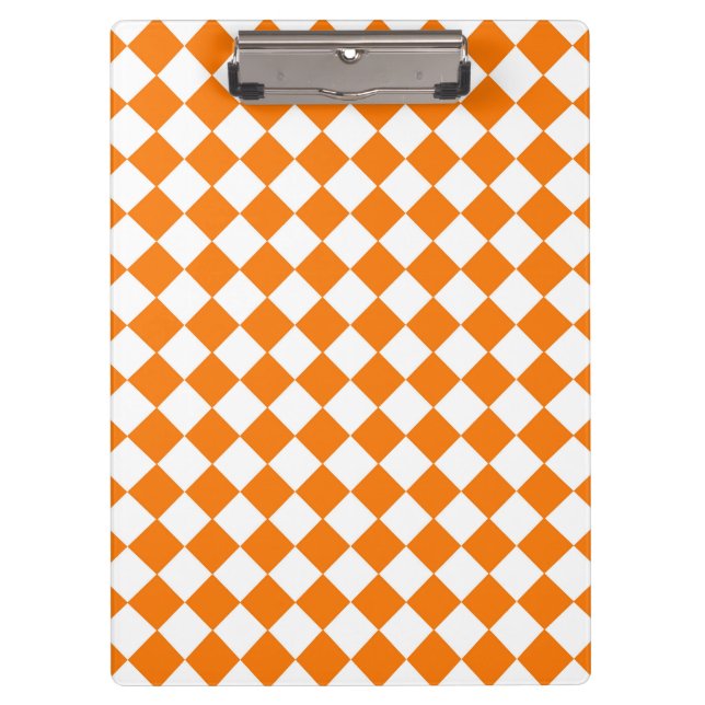 Orangefarbenes weißes Schachbrett Diamantmuster Klemmbrett (Vorderseite)