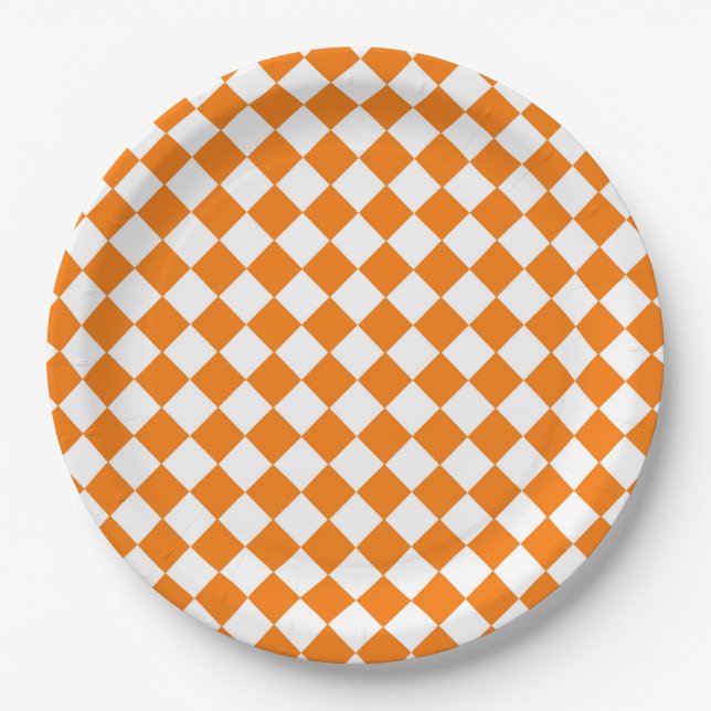 Orangefarbenes weißes Schachbrett Diamantmuster Pappteller (Vorderseite)