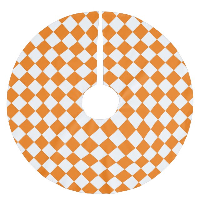 Orangefarbenes weißes Schachbrett Diamantmuster Polyester Weihnachtsbaumdecke (Vorderseite)