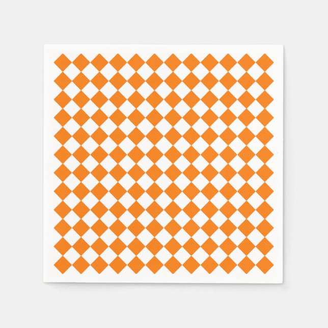 Orangefarbenes weißes Schachbrett Diamantmuster Serviette (Vorderseite)