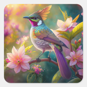 Orangekammener Regenbogenhäher Fantasy-Vogel Quadratischer Aufkleber
