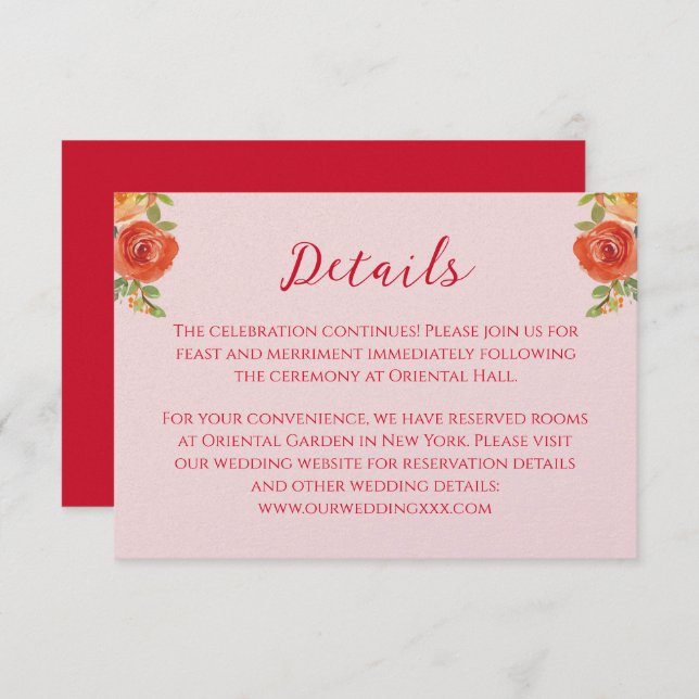 Orangelbe Blumen Chinesische Hochzeitsdetails Begleitkarte (Vorne/Hinten)