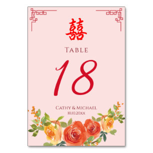 Orangelbe Blumen Chinesischer Hochzeitsempfang Tischnummer