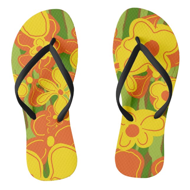 Orangelbe Retro-Blume auf grün Flip Flops (Fußbett)