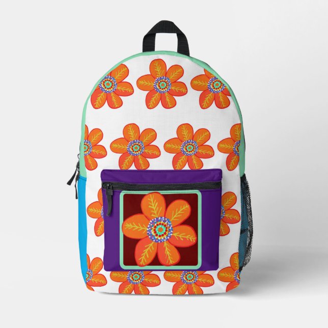 Orangelbe violette Blumen Bedruckter Rucksack (Vorderseite)