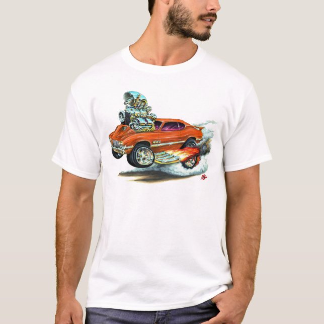 Orangen-Auto 1970-72 Olds Macheten-442 T-Shirt (Vorderseite)