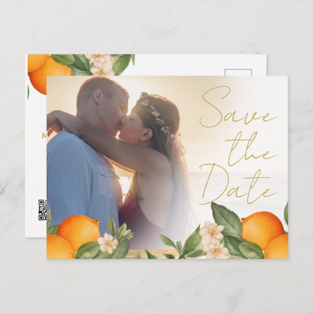 Orangen-Foto-Overlay für Hochzeiten Save the Date Ankündigungspostkarte (Vorne/Hinten)