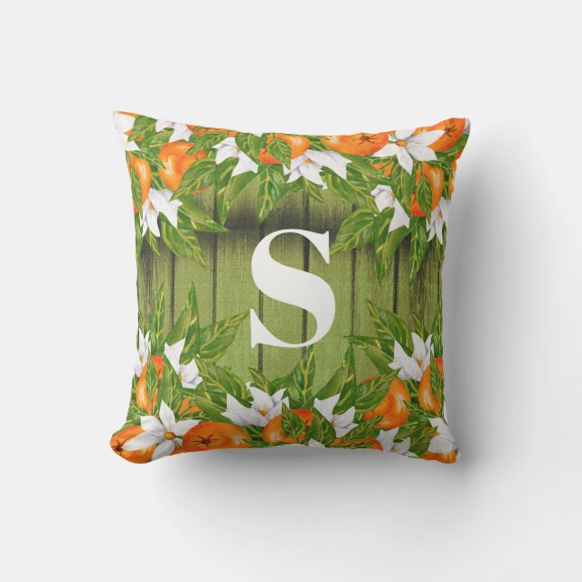 Orangen Frucht Country Autumn Green Wood Monogram Kissen (Vorderseite)