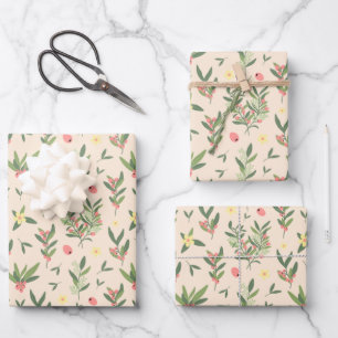 Orangen-, Grün- und Lachszweigmuster Geschenkpapier Set