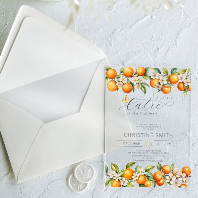 Orangen Kleine Süsse ist auf dem Weg Babydusche Acryleinladungen (Von Creator hochgeladen)