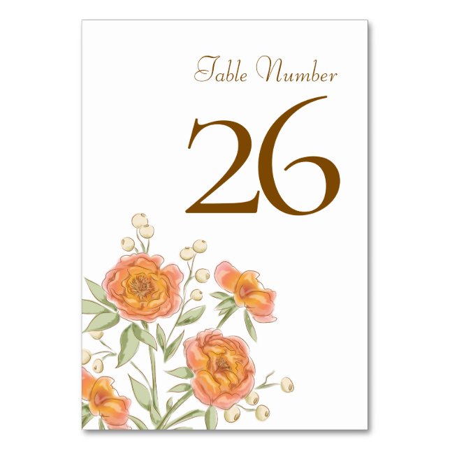 Orangen-Rosen-Hochzeit Tischnummer (Vorderseite)