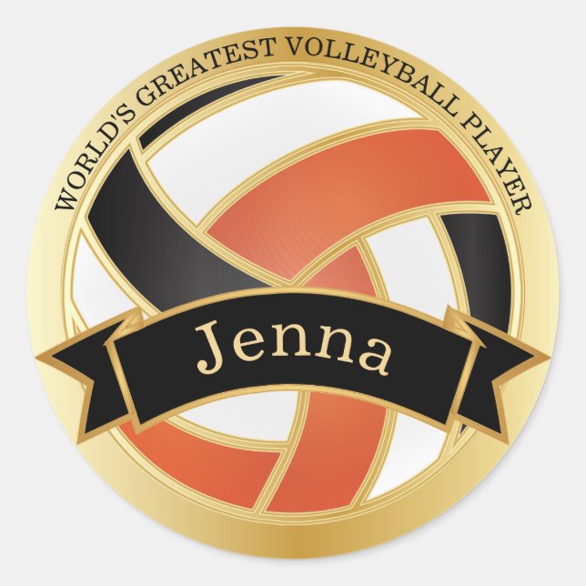 Orangen-, Schwarz- und Weiß-Volleyball | DIY Name Runder Aufkleber (Vorderseite)