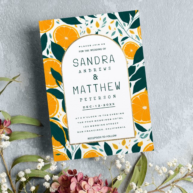 Orangen-Sommerfrüchte botanisches Blattwerk Hochze Einladung (Summer oranges fruit botanical foliage Wedding )