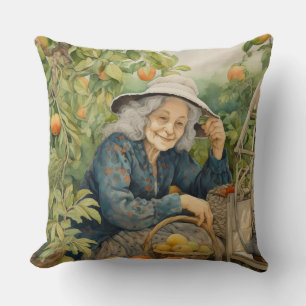 Orangen und Pfirsiche Dame mit grauen Haaren und H Kissen