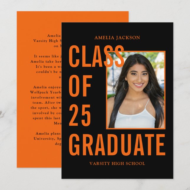 Orangen- und Schwarzklasse mit 25 Foto Abschluss Ankündigung (Vorne/Hinten)