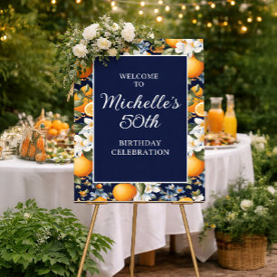 Orangen Weiße Blumen Marineblau Geburtstags-Willko Poster