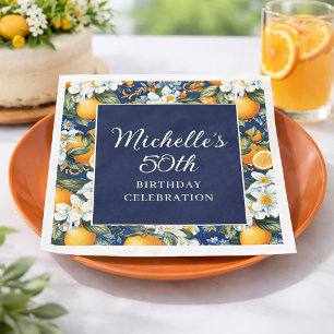 Orangen Weiße Blumen Marineblau Geburtstags-Willko Serviette