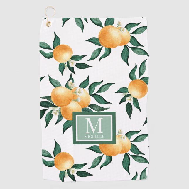 Orangen-Zitrus-Aquarell-Monogramm-Name Golfhandtuch (Vorderseite)