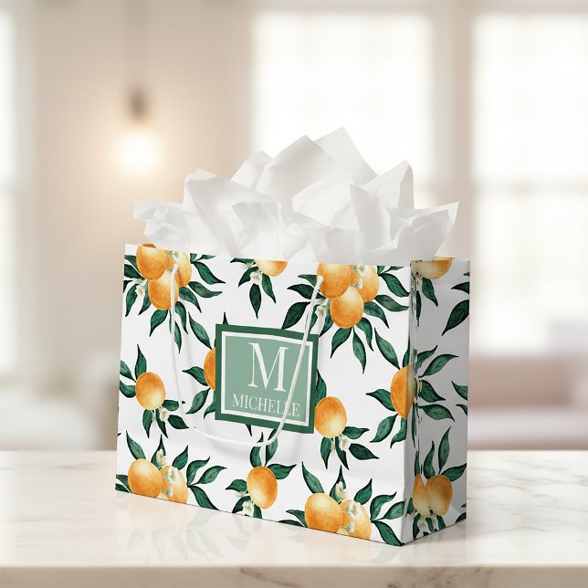 Orangen-Zitrus-Aquarell-Monogramm-Name Große Geschenktüte (Von Creator hochgeladen)