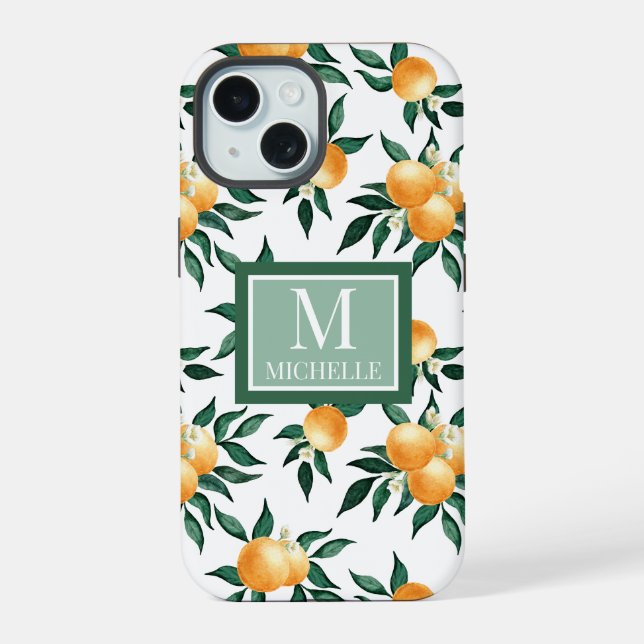 Orangen-Zitrus-Aquarell-Monogramm-Name iPhone 15 Hülle (Rückseite)