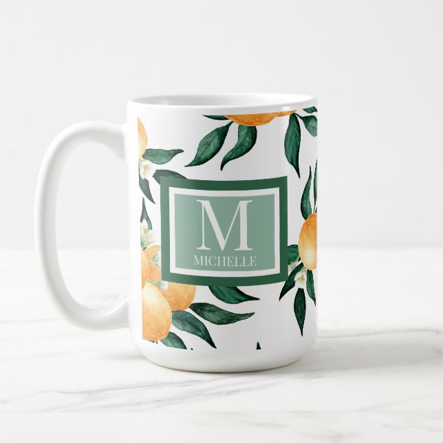Orangen-Zitrus-Aquarell-Monogramm-Name Kaffeetasse (Links)