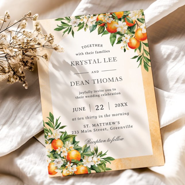 Orangen Zitrusfrüchte Grünpflanzen Orchard Hochzei Einladung (modern orange fruit trees orchard wedding invitation cards)