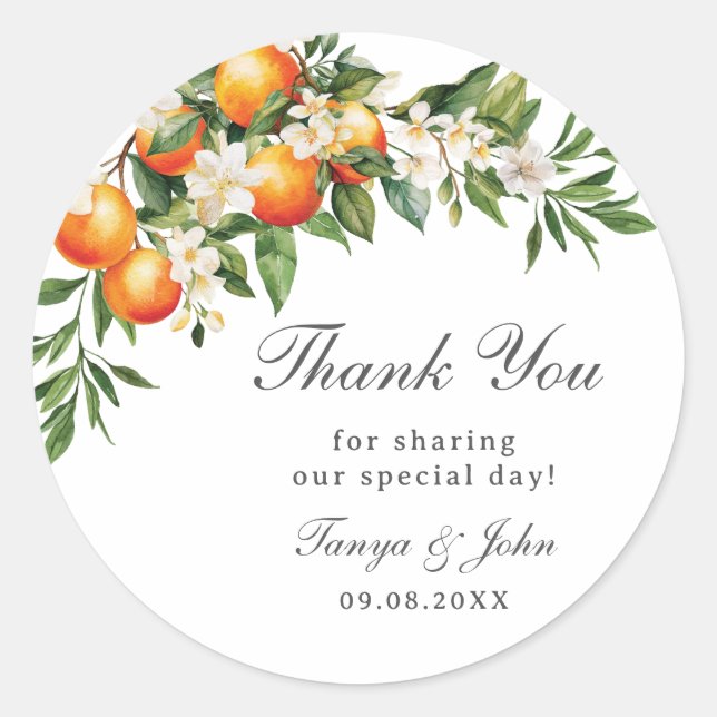Orangen Zitrusfrüchte Grünpflanzen Orchard Hochzei Runder Aufkleber (Vorderseite)