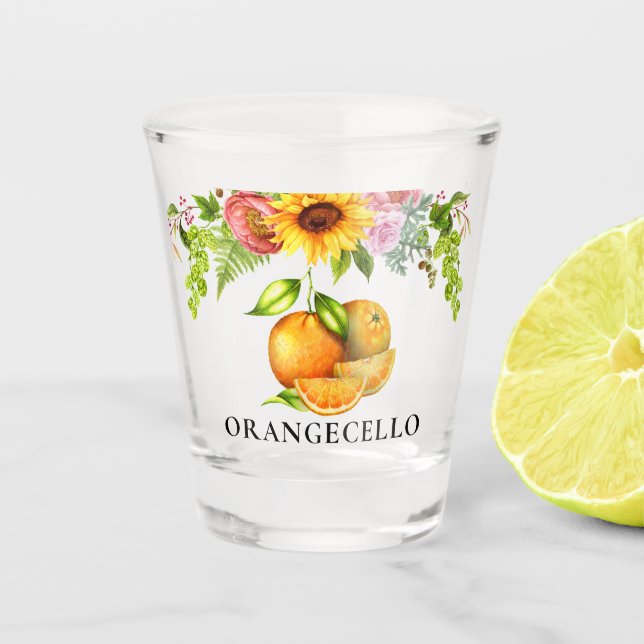 Orangenbäume Blumengärten Orangecello Schnapsglas (Vorderseite)