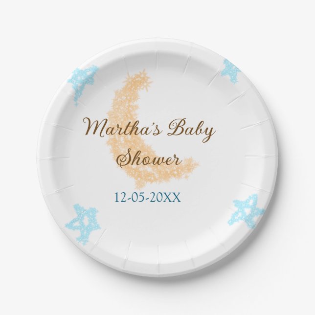 Orangenblaue Sterne Glitzer Babydusche Funkeln Pappteller (Vorderseite)