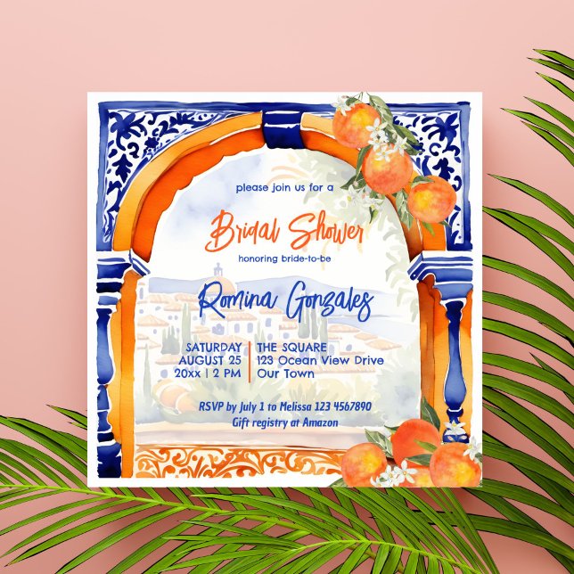Orangenblaues Azulejo-Talavera-Brautparty Einladung (Orange blue azulejo talavera Spanish Mexican tiles citrus  bridal shower invitation template)