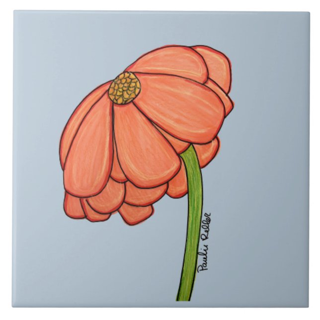 Orangenblume mit blauem Hintergrund Fliese (Vorderseite)