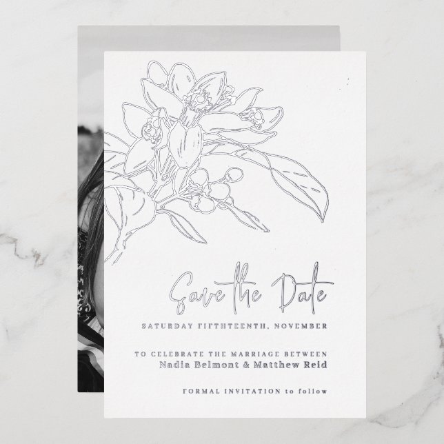 Orangenblüte Foto Hochzeit speichern Sie das Datum Folieneinladung (Vorderseite/Rückseite)
