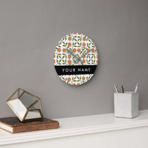 Orangenblüten, Blumenmuster, Boho, Ihr Name Runde Wanduhr