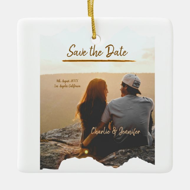 Orangenboho Save the Date Name des modernen Fotos Keramikornament (Vorderseite)