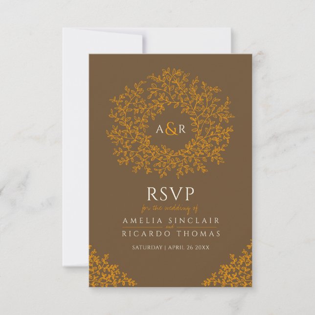 Orangenbraune Blätter Monogramm UAWG Hochzeit RSVP Karte (Vorderseite)