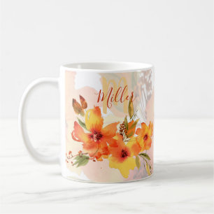 Orangene Aquarell-Herbstblumen personalisiert Kaffeetasse