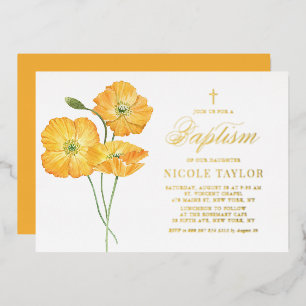 Orangene Aquarell-Mohnblumen Florale Sommer-Taufe Folieneinladung