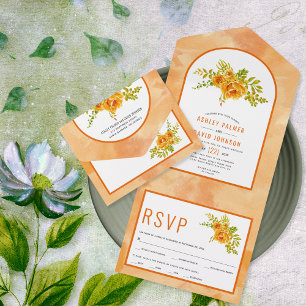 Orangene Aquarellblumen und florale Bogenhochzeit All In One Einladung