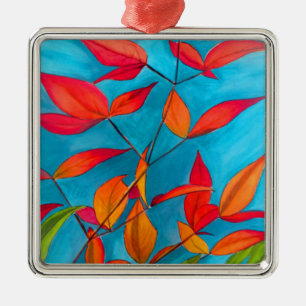 Orangene Blätter Herbst Original-Aquarellkunst Silbernes Ornament
