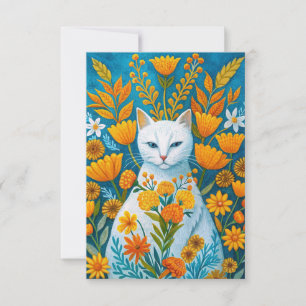 Orangene Blumen und weiße Katze Dankeskarte