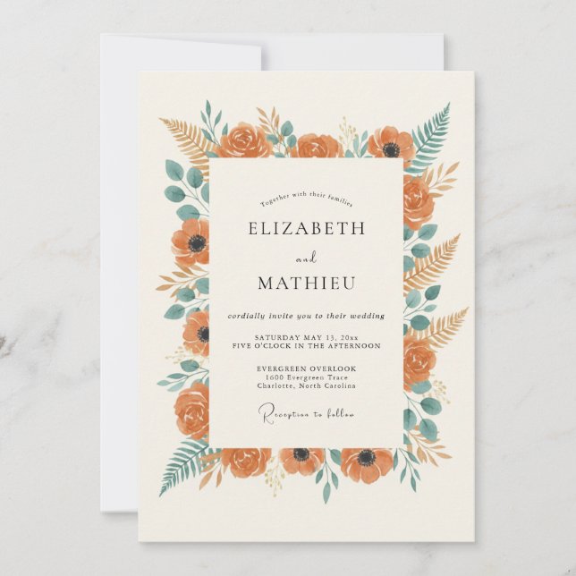 Orangene botanische rustikale Hochzeit Einladung (Vorderseite)