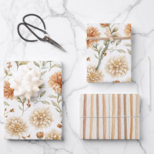 Orangene Creme Blumen Streifen Brautparty Geschenkpapier Set