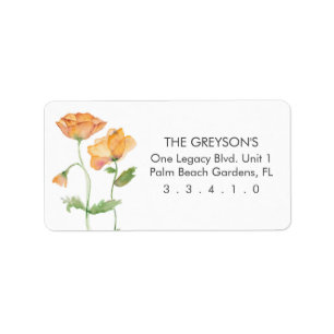 Orangene Florale Aquarell-Mohnblumen Adressaufkleber