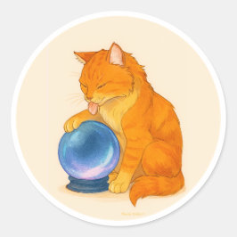 Orangene getigerte Katze mit blauem Kristallball Runder Aufkleber