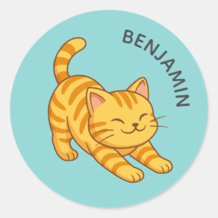 Orangene getigerte Katze mit Stretching grüner ben Runder Aufkleber